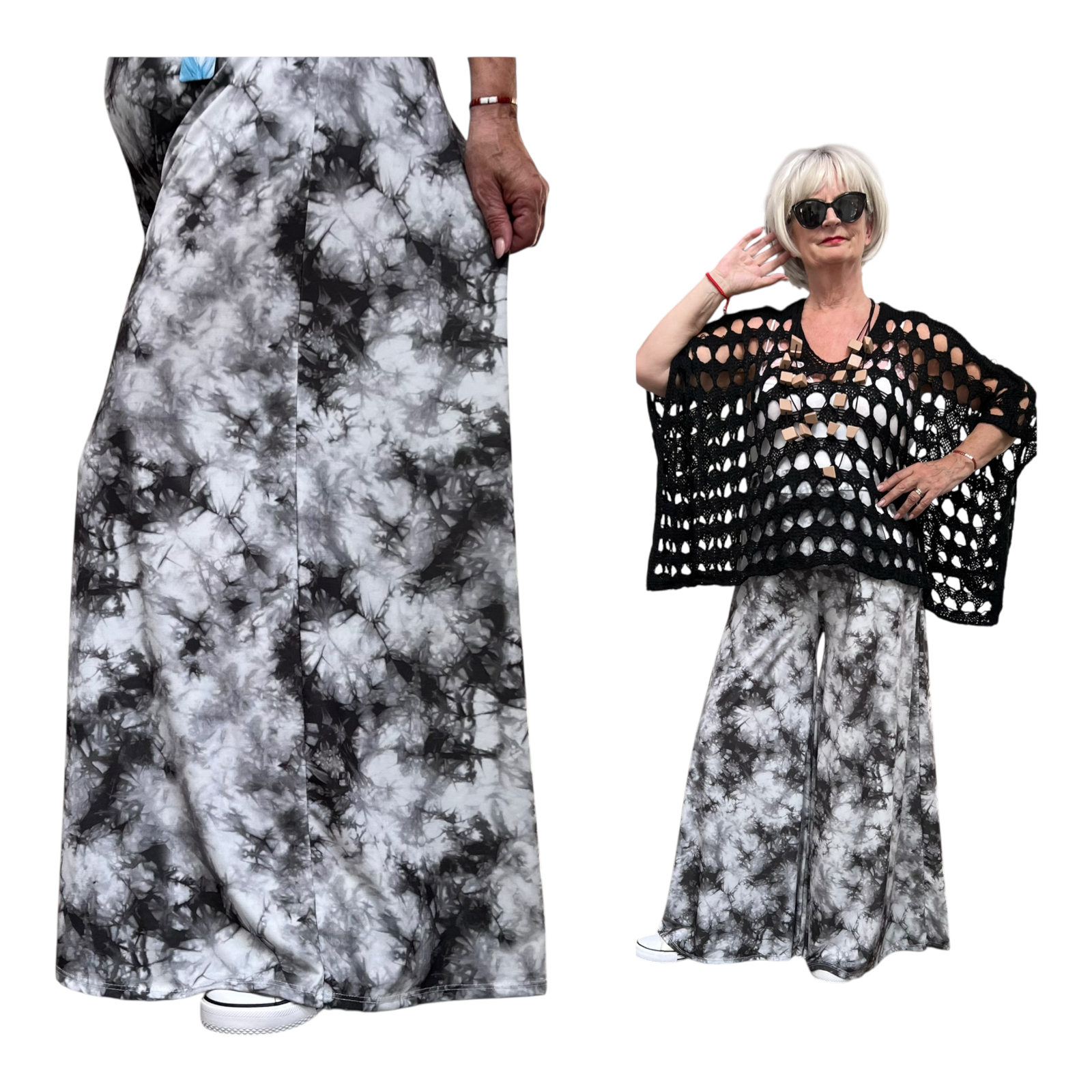 ITALY Mode jersey viscose  wijde broek apart /zeer rekbaar/zwart/wit/grijs