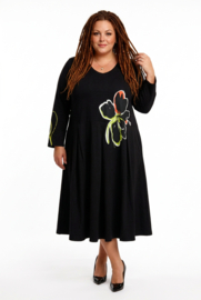 Zedd Plus katoen A-lijn jurk met bloemapplicatie /zwart stretch