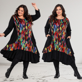 AKH oversized viscose mix A-lijn jurk apart stretch zwart/multicolor