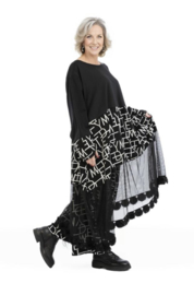 AKH oversized jersey viscose  A-lijn jurk met inzet van tule apart zwart/grijs stretch