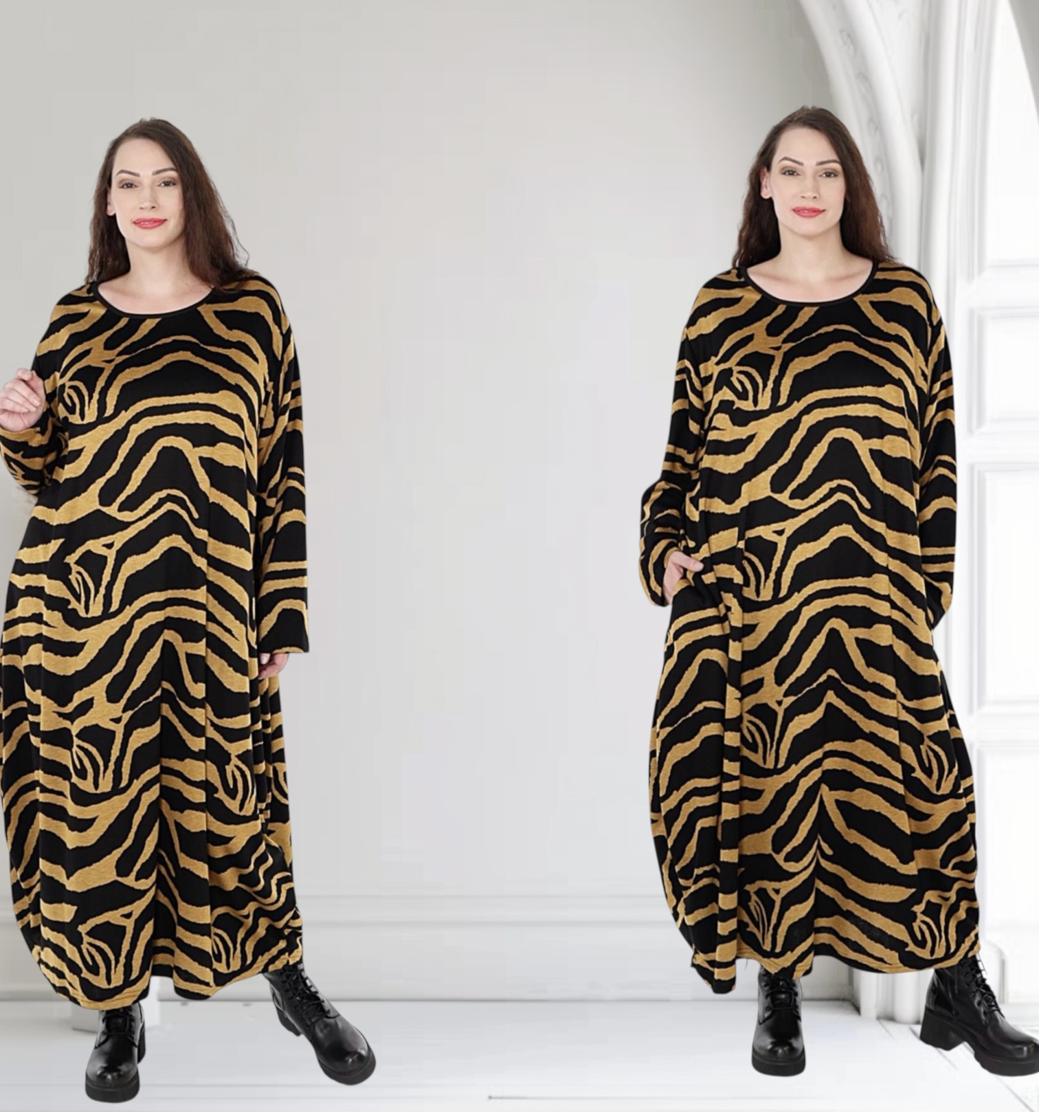 AKH oversized viscose mix jurk apart stretch zwart/geel