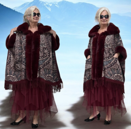 ITALIA viscose gebreid boho poncho met bont