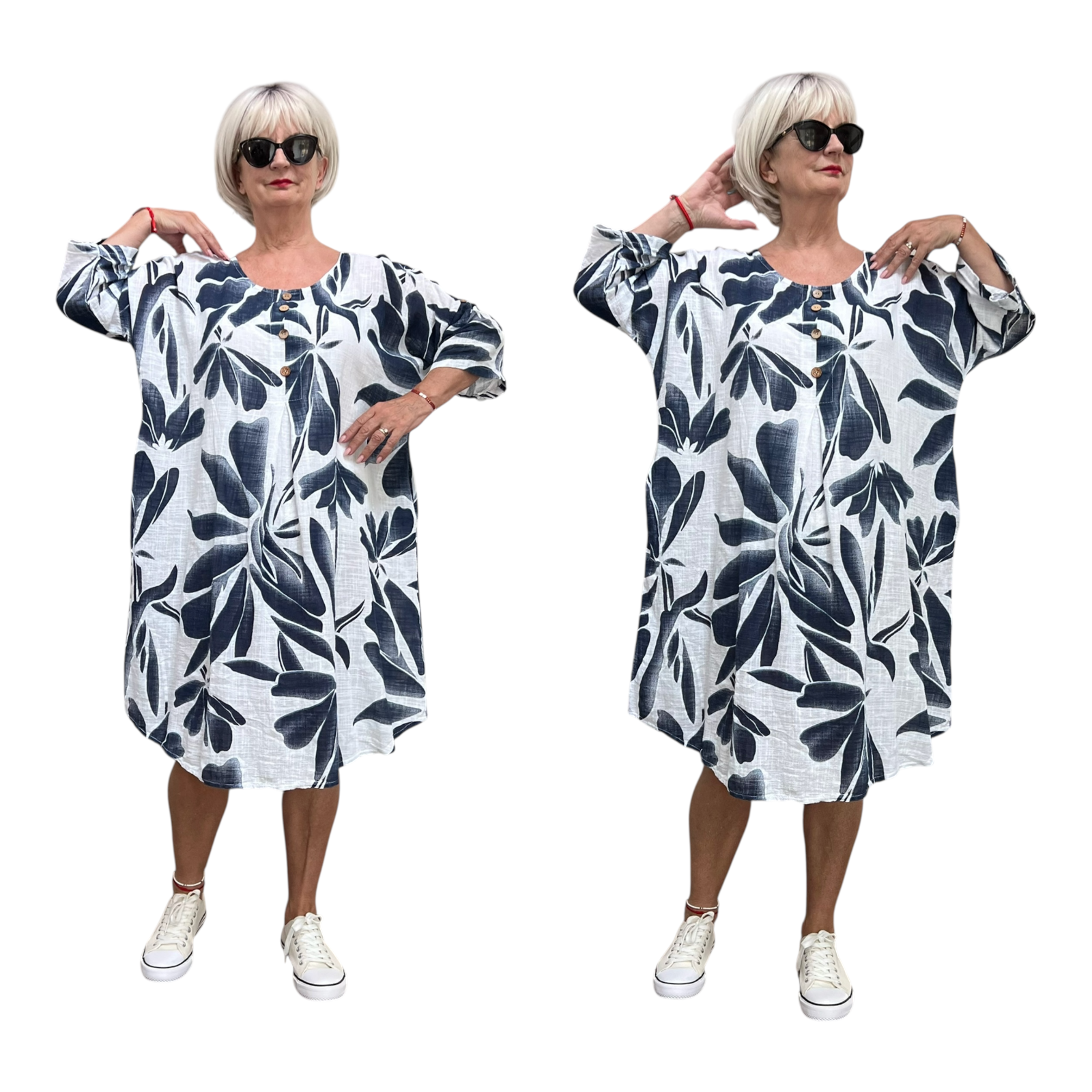 ITALIA  katoen tuniek/jurk met zakken wit/blauw