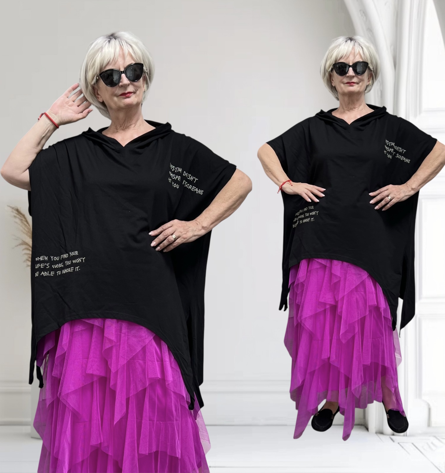 EU Queen design katoen oversized top met capuchon stretch zwart