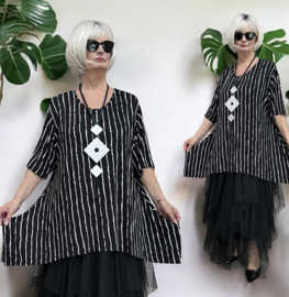 AKH viscose A-lijn tuniek met zakken apart stretch zwart/wit