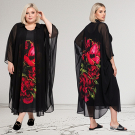SASHA DIVA oversized chiffon  A-lijn jurk + blazer  zwart met bloemen