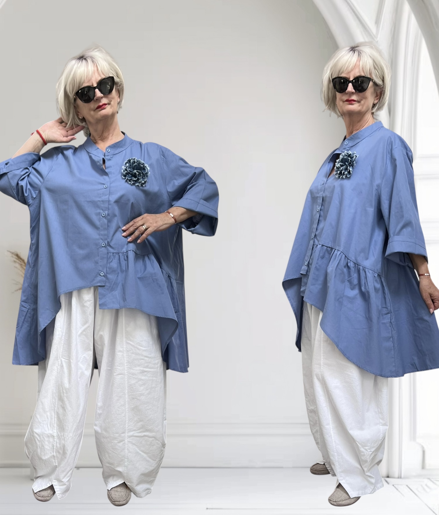 ITALIA oversized katoen blouse met broche stretch