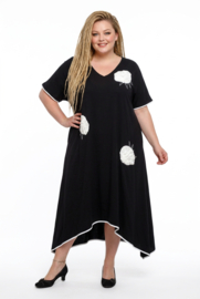 CN-G viscose A-lijn jurk met bloemen applicaties zwart