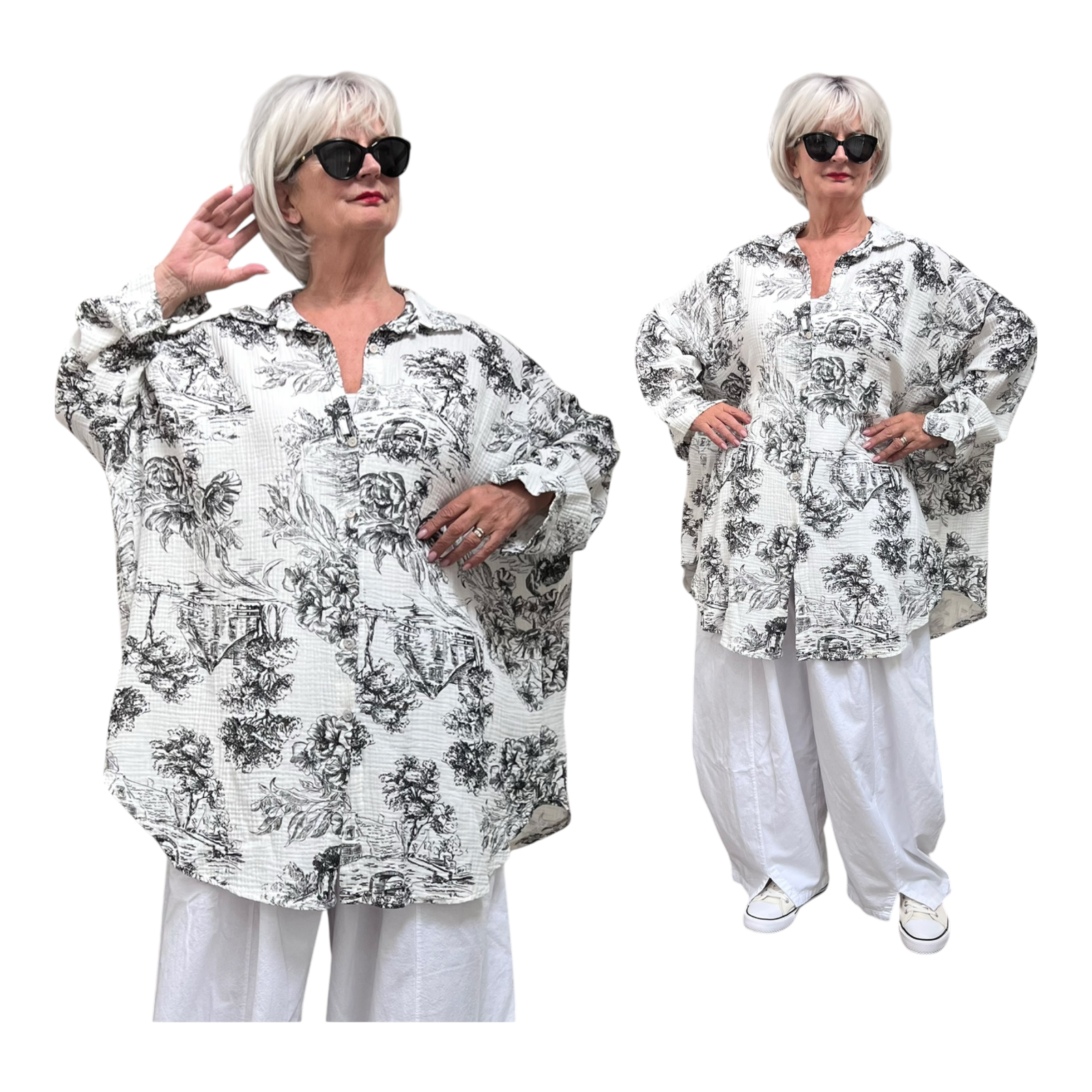 ITALIA oversized mousseline  katoen  A-lijn top/hemd  wit/zwart