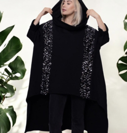 ITALIA MODA oversized katoen tuniek / capuchon/inzet van pailletten zwart /stretch