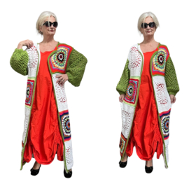 AGE oversized  acryl lotusbloemen patchwork lange vest, handgemaakt