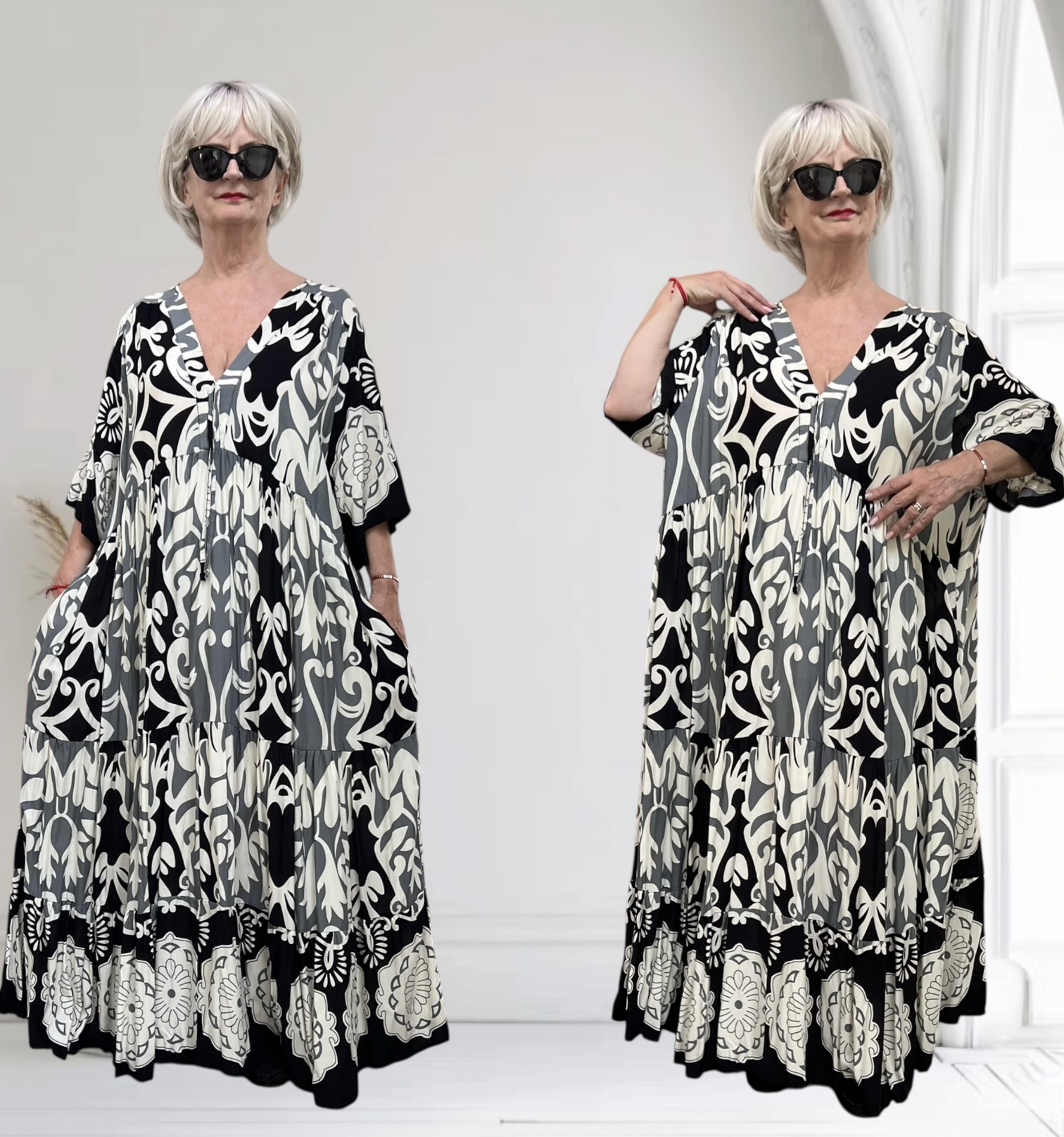 Vincenzo Allocca oversized viscose  BOHO A-lijn jurk apart/zwart/wit/grijs