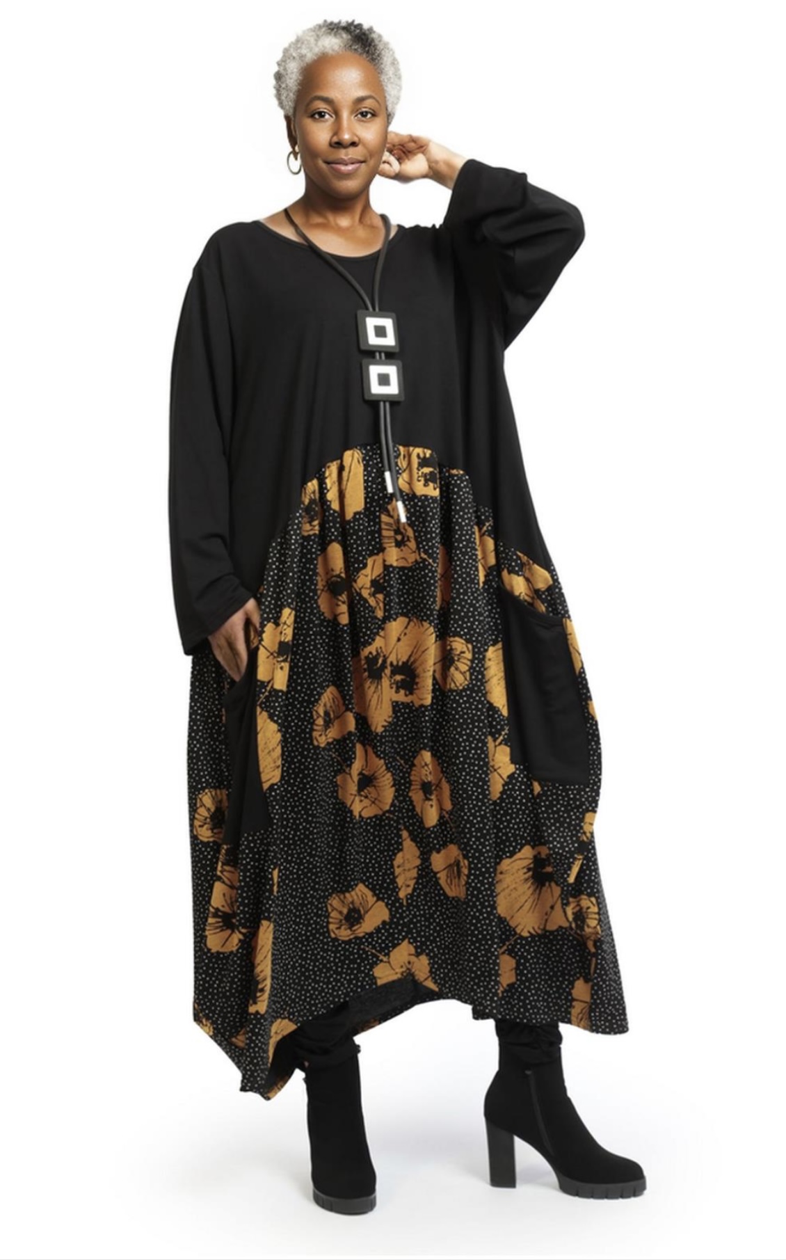 AKH oversized viscose mix tuniek apart stretch zwart/geel
