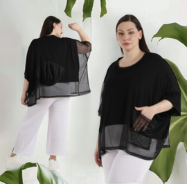 AKH oversized viscose top/tuniek met inzet van tule/apart stretch  zwart