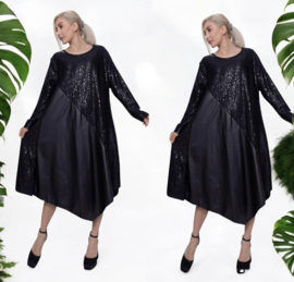 ITALIA Style  A-lijn jurk/tuniek met pailletten en eco leder/zwart /stretch