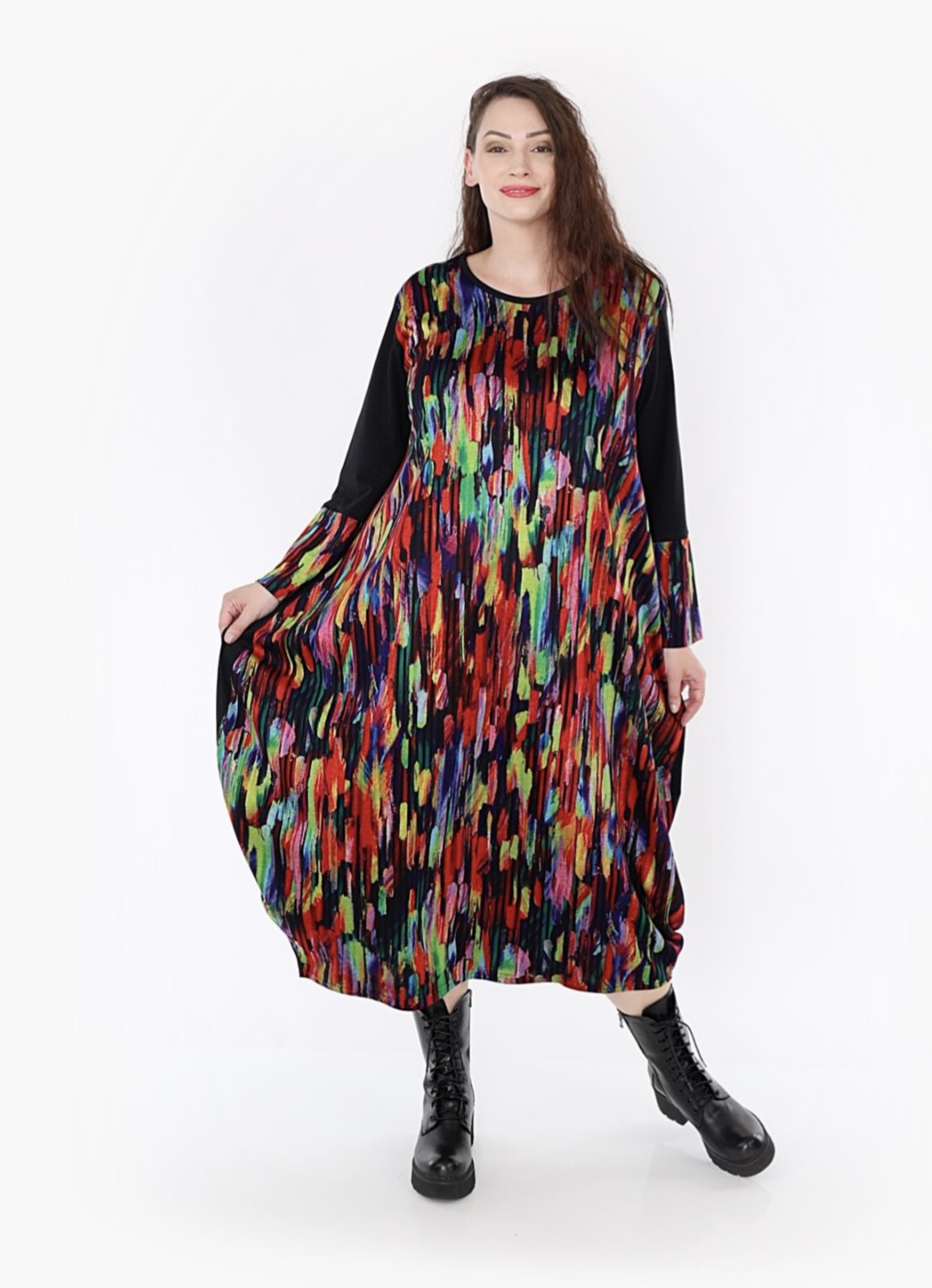AKH oversized viscose mix ballon jurk apart stretch zwart/multicolor