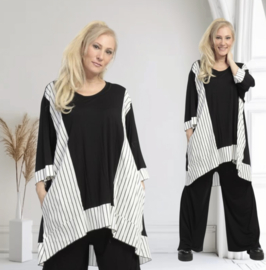 AKH oversized tricot katoen/viscose A-lijn tuniek apart stretch zwart/wit