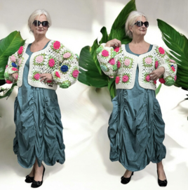 AGE oversized  acryl lotusbloemen patchwork korte vest, handgemaakt