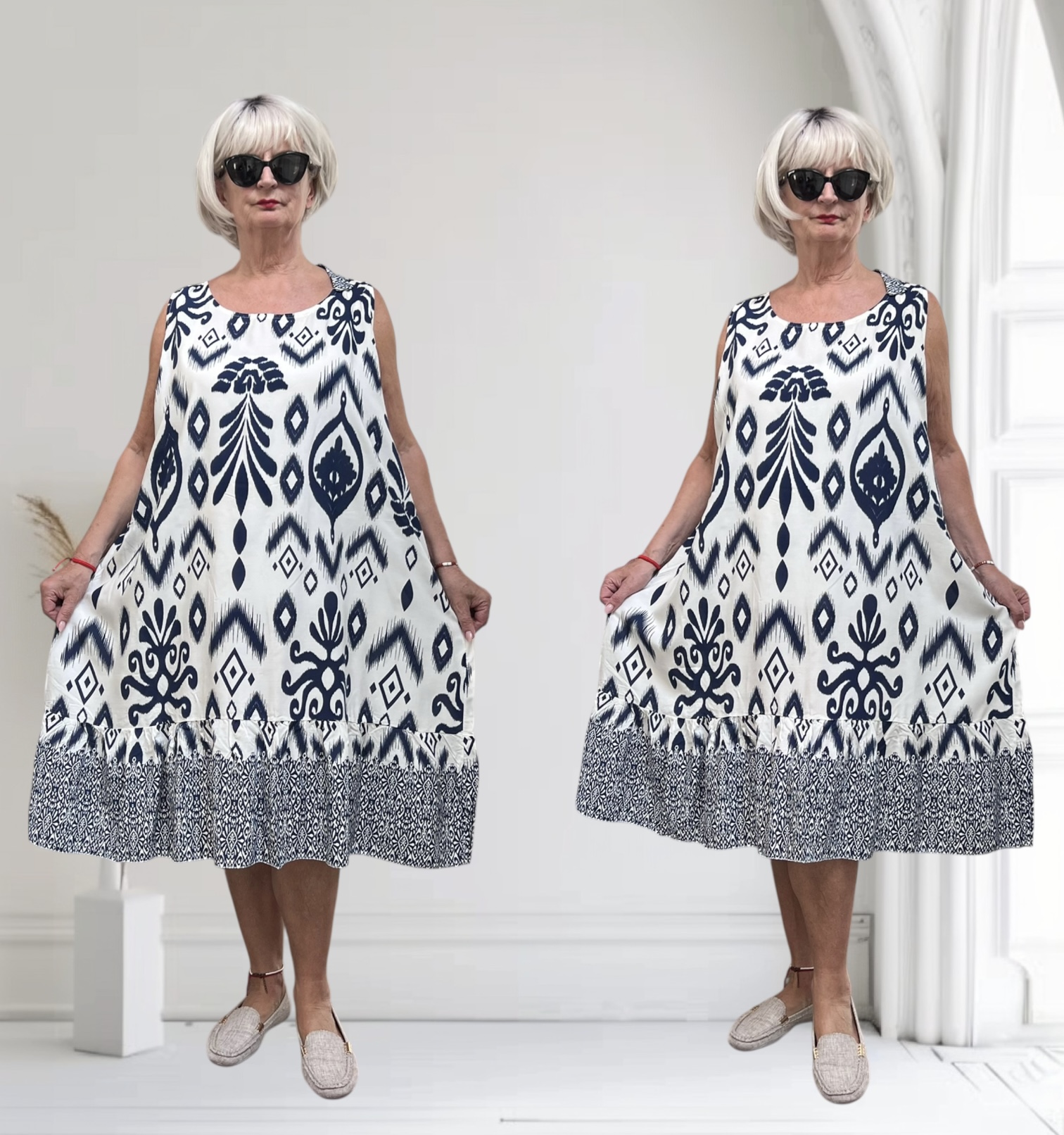 ITALIA viscose  A-lijn jurk/tuniek wit/blauw