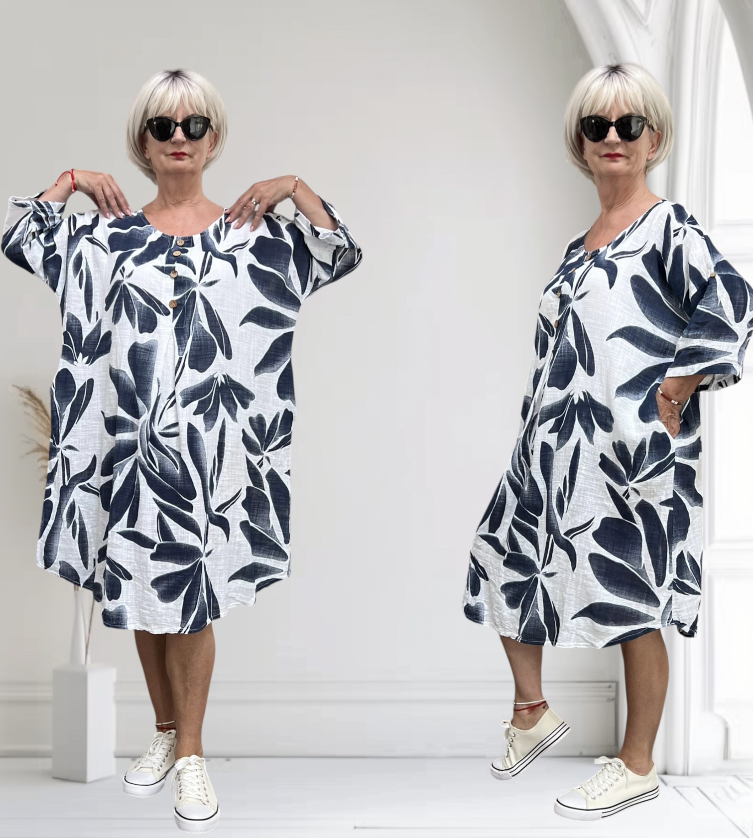 ITALIA  katoen tuniek/jurk met zakken wit/blauw