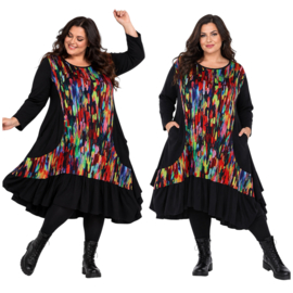 AKH oversized viscose mix A-lijn jurk apart stretch zwart/multicolor
