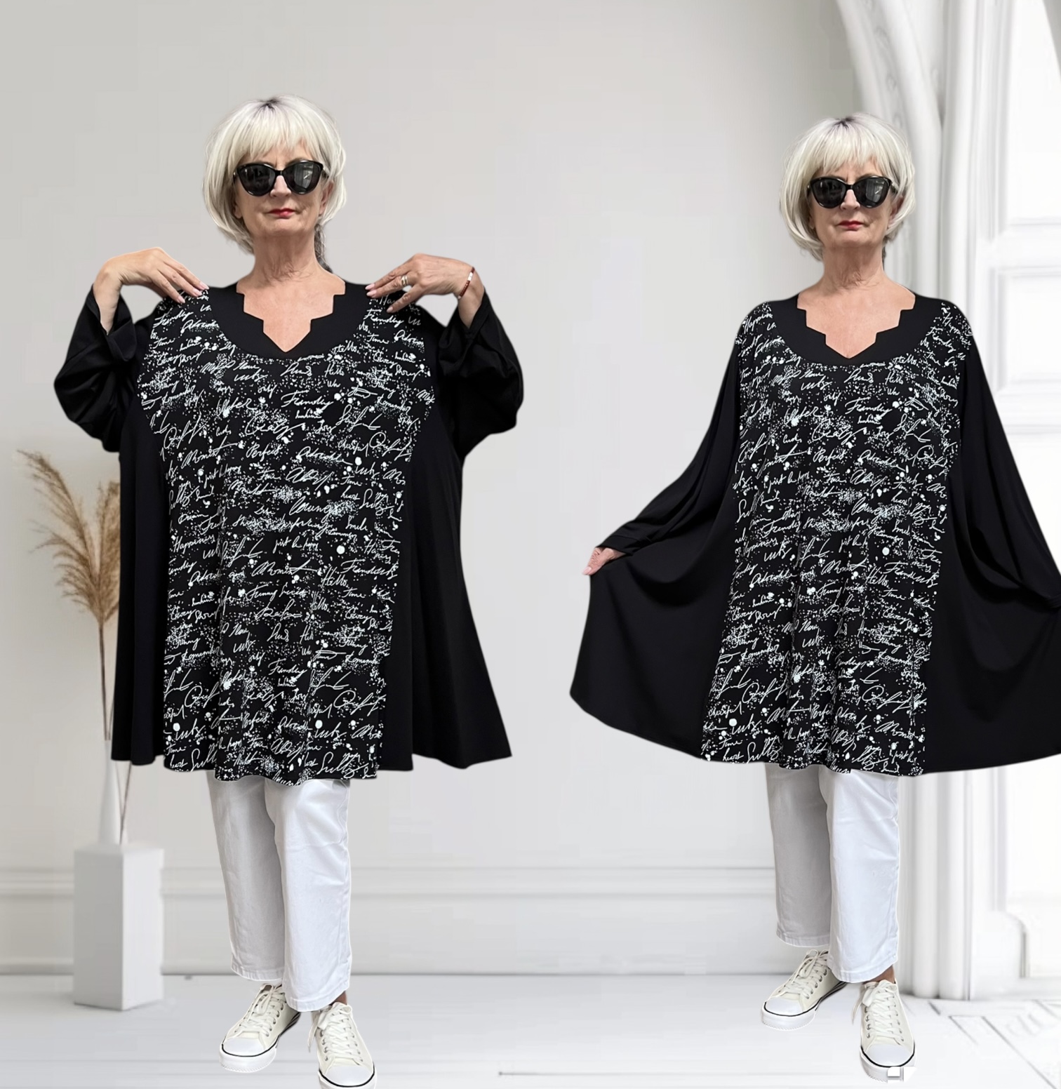 New Jersey oversized viscose A-lijn tuniek met aparte decolleté/extra wijd/ stretch/zwart/wit
