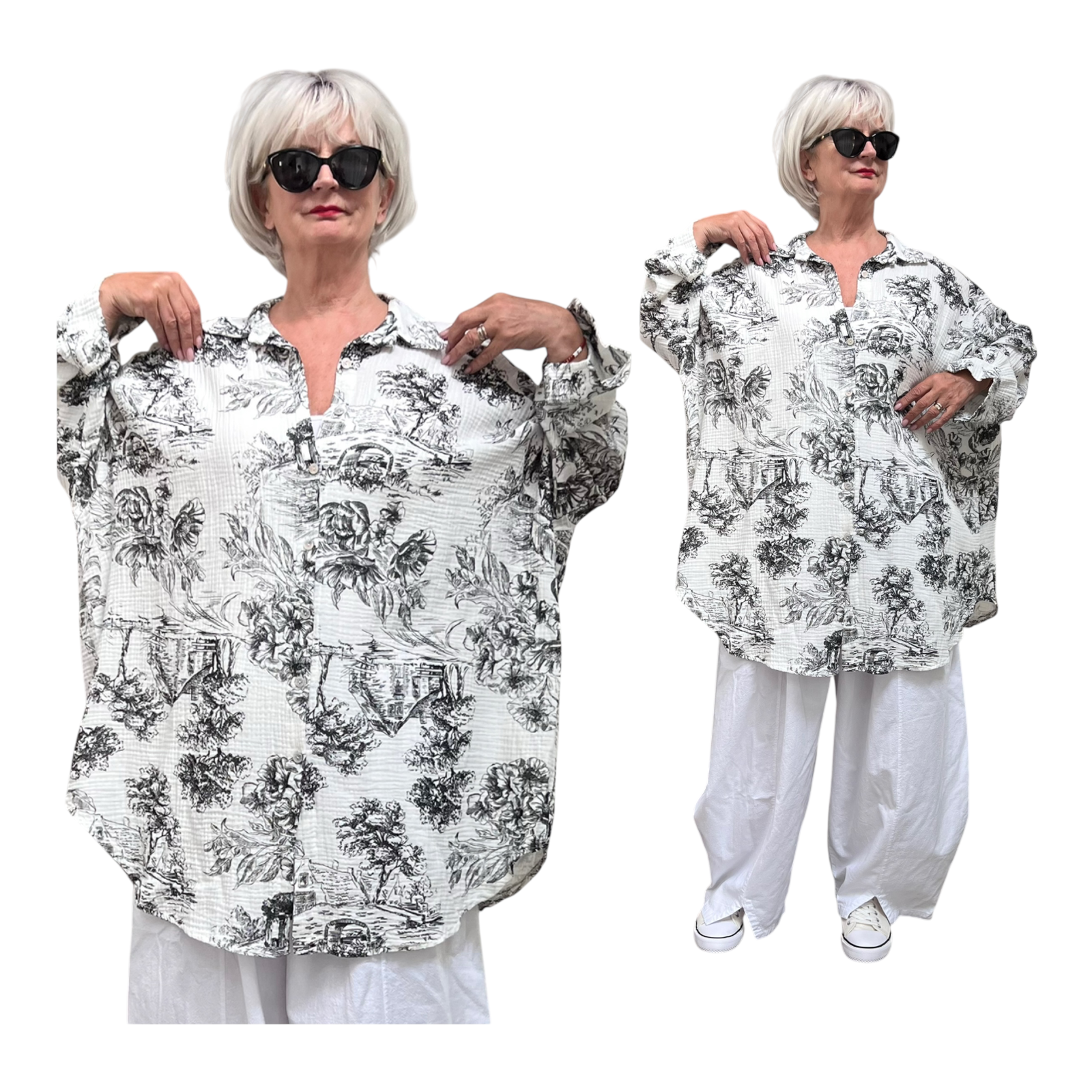 ITALIA oversized mousseline  katoen  A-lijn top/hemd  wit/zwart