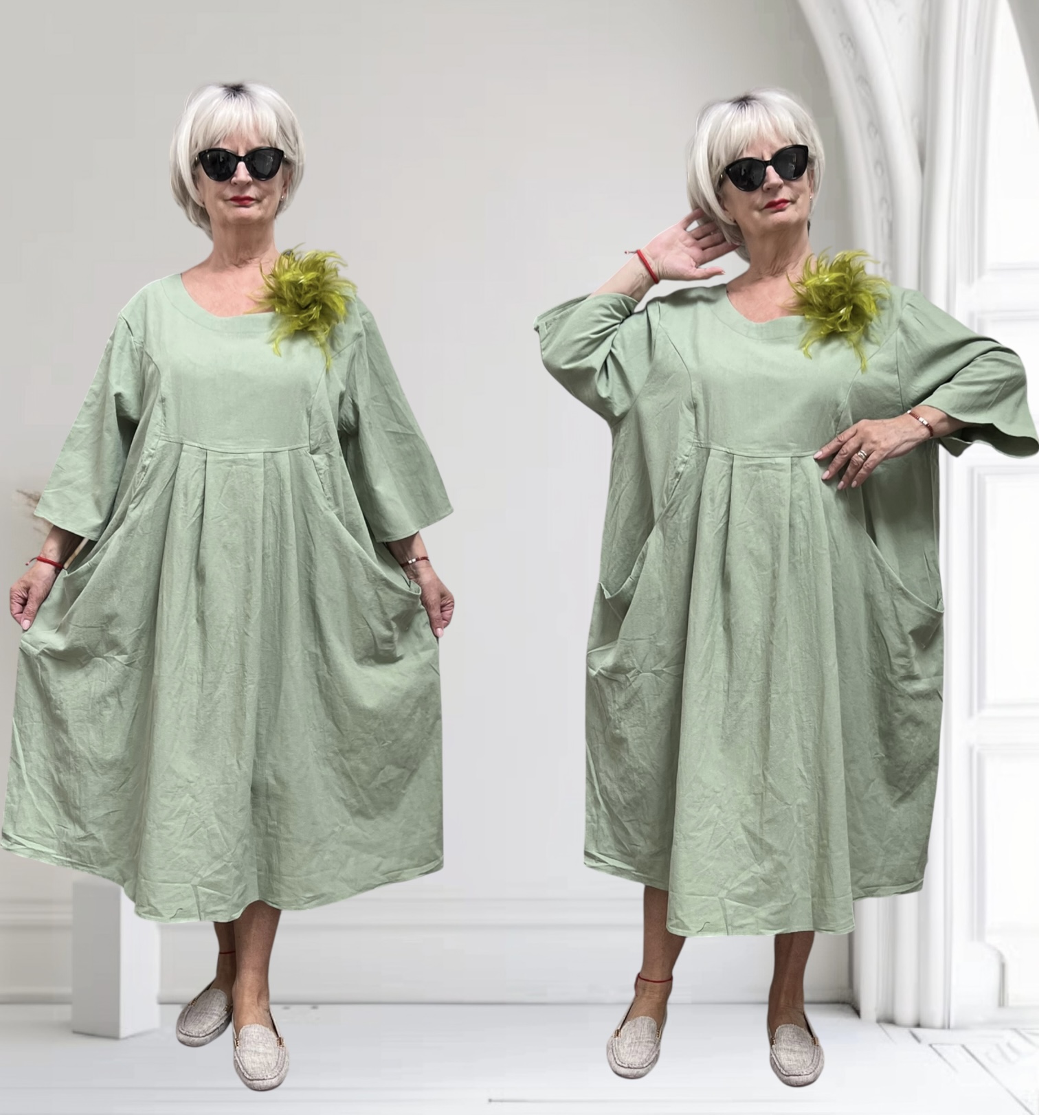 ITALIA  MODA  katoen wijde jurk met broche apart