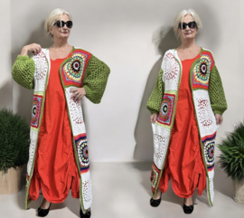 AGE oversized  acryl lotusbloemen patchwork lange vest, handgemaakt