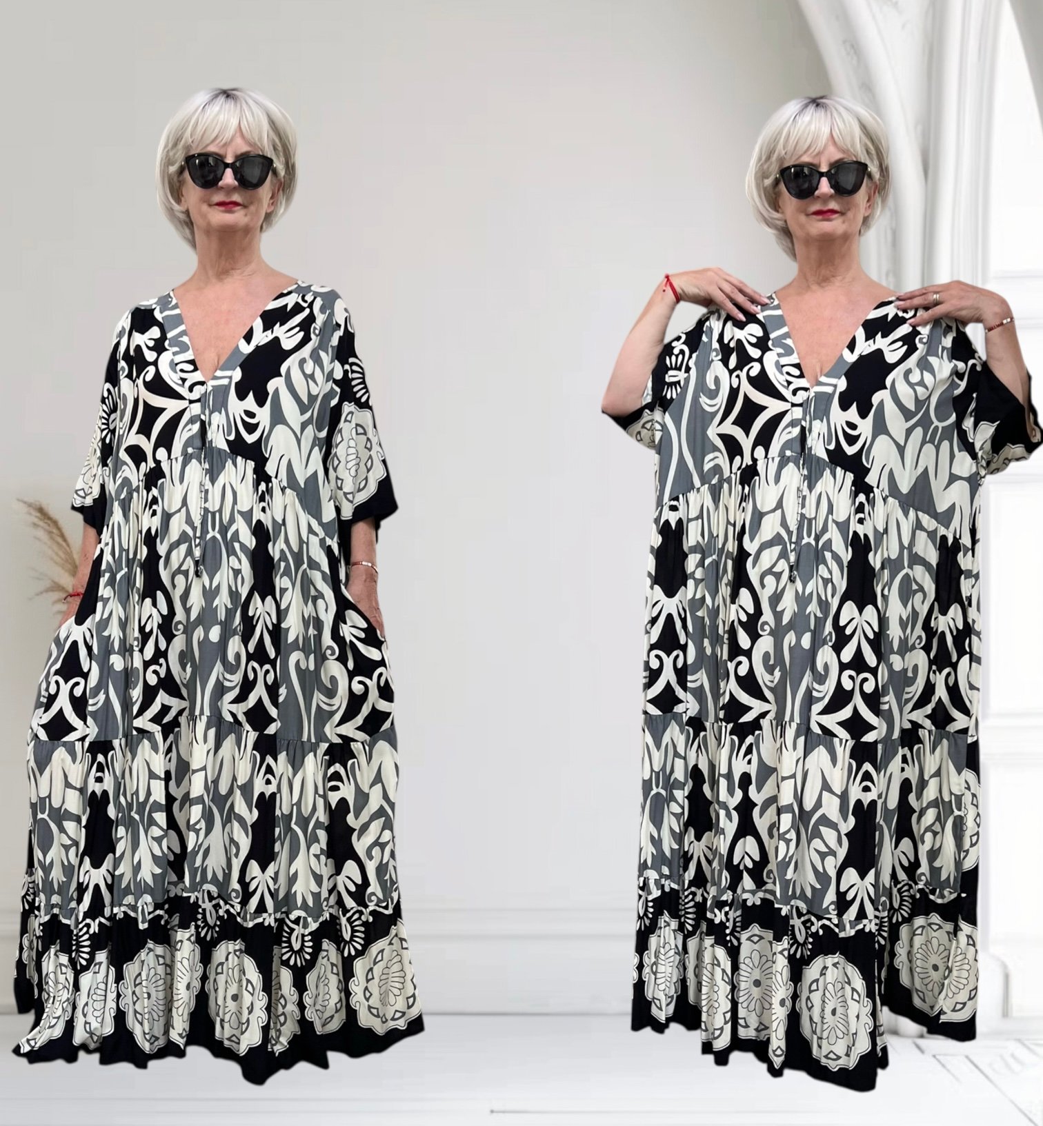 Vincenzo Allocca oversized viscose  BOHO A-lijn jurk apart/zwart/wit/grijs