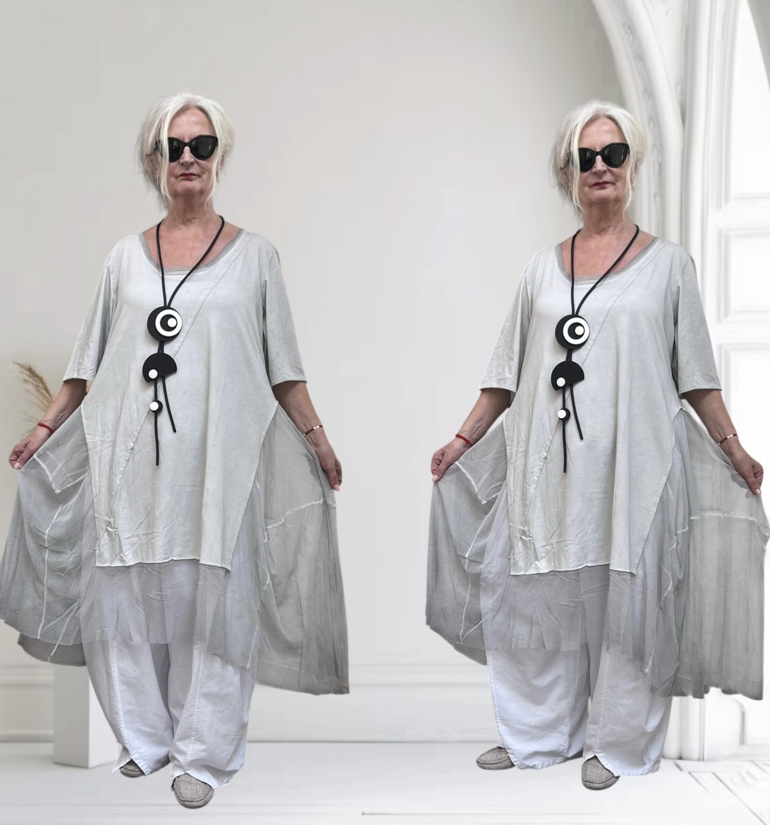 LUUKAA de modieuze kleuring oversized katoen  A-lijn jurk/tuniek met tule/ stretch