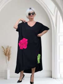 CN-G viscose A-lijn jurk met bloemen applicaties zwart