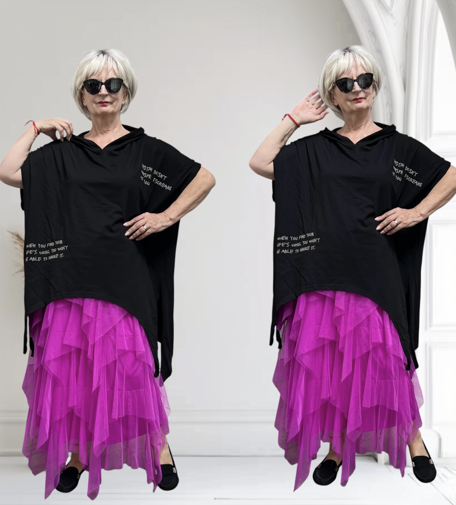 EU Queen design katoen oversized top met capuchon stretch zwart