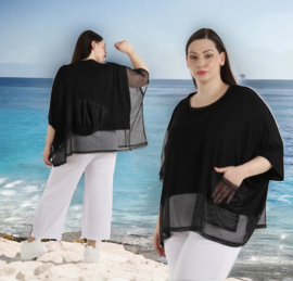 AKH oversized viscose top/tuniek met inzet van tule/apart stretch  zwart