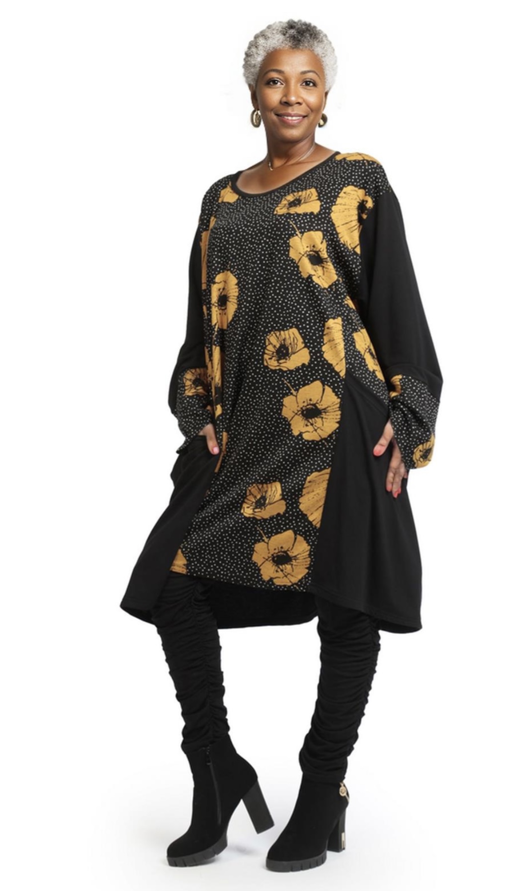 AKH oversized viscose mix tuniek apart stretch zwart/okergeel