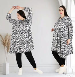 AKH oversized viscose A-lijn blouse/tuniek zwart/wit  apart