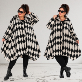 AKH oversized wol A-lijn winterjas /stretch /zwart/wit