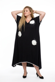 CN-G viscose A-lijn jurk met bloemen applicaties zwart