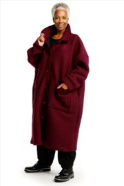 AKH oversized lange wollen winterjas/mantel  gevoerd wijnrood