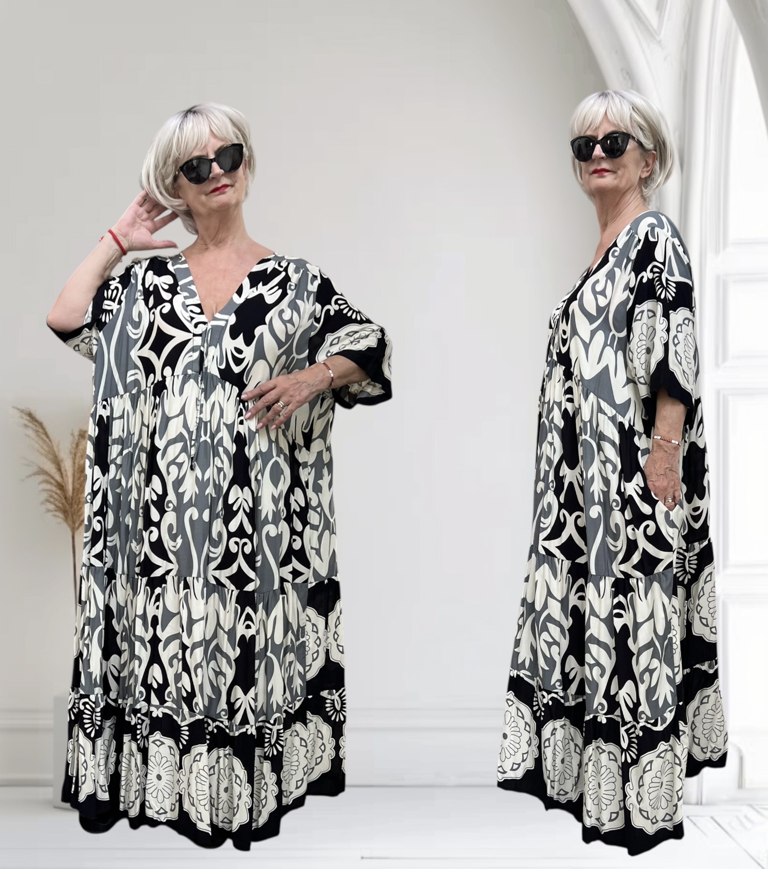 Vincenzo Allocca oversized viscose  BOHO A-lijn jurk apart/zwart/wit/grijs