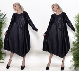 ITALIA Style  A-lijn jurk/tuniek met pailletten en eco leder/zwart /stretch