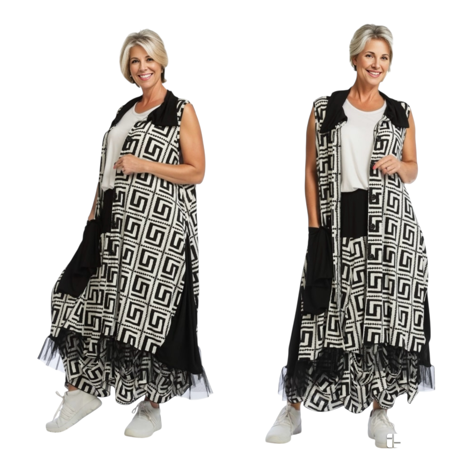 AKH viscose A-lijn jurk apart stretch/zwart/wit