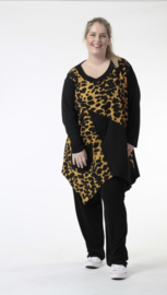 AKH oversized tricot viscose mix A-lijn tuniek apart stretch zwart/geel