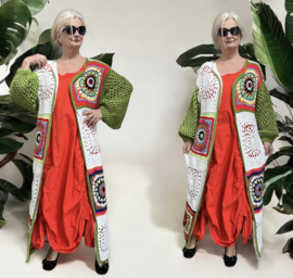 AGE oversized  acryl lotusbloemen patchwork lange vest, handgemaakt