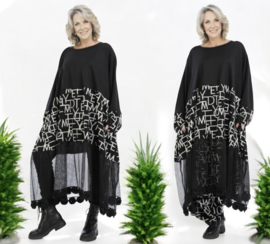 AKH oversized jersey viscose  A-lijn jurk met inzet van tule apart zwart/grijs stretch