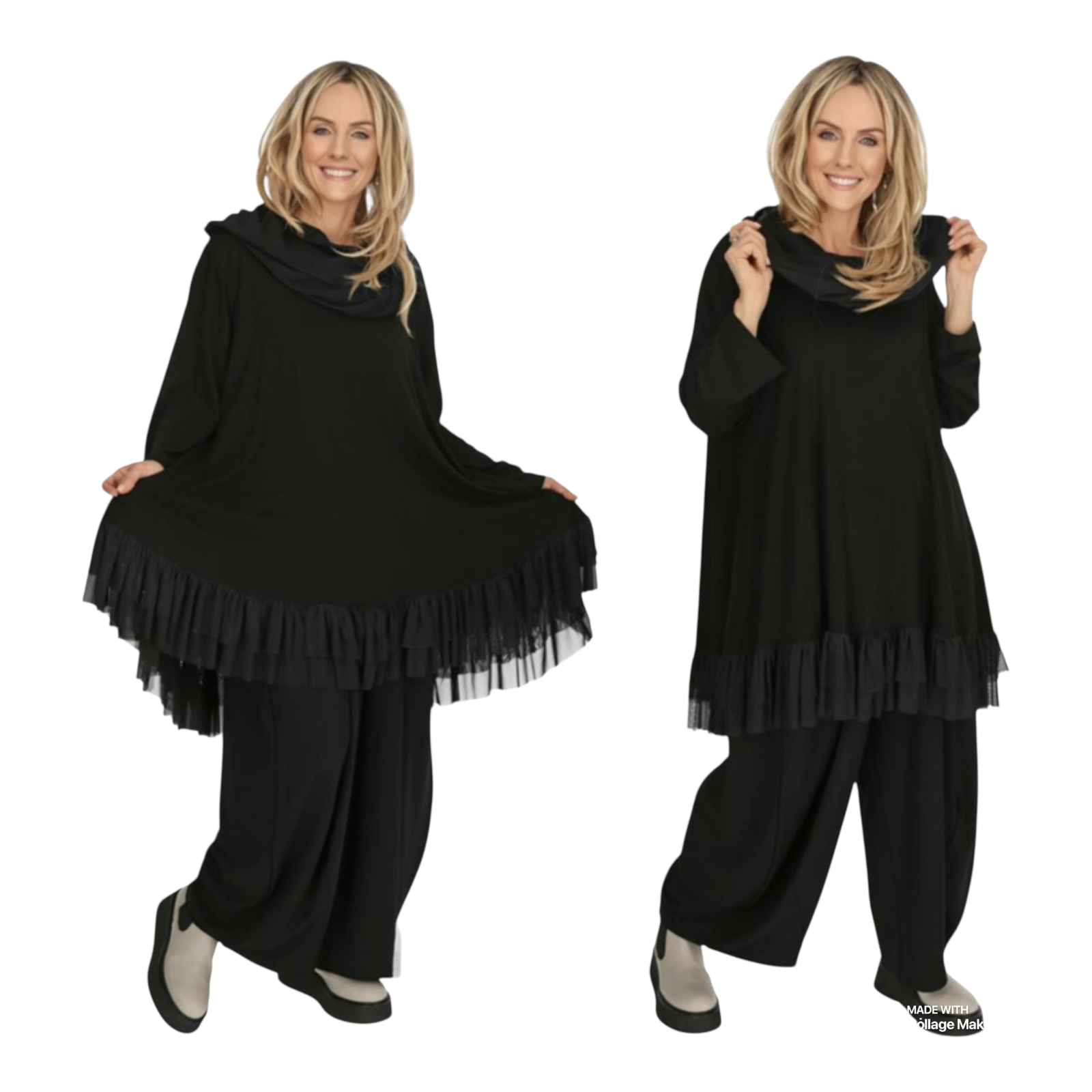 AKH viscose A-lijn tuniek/jurk met chiffon stof en capuchon apart stretch