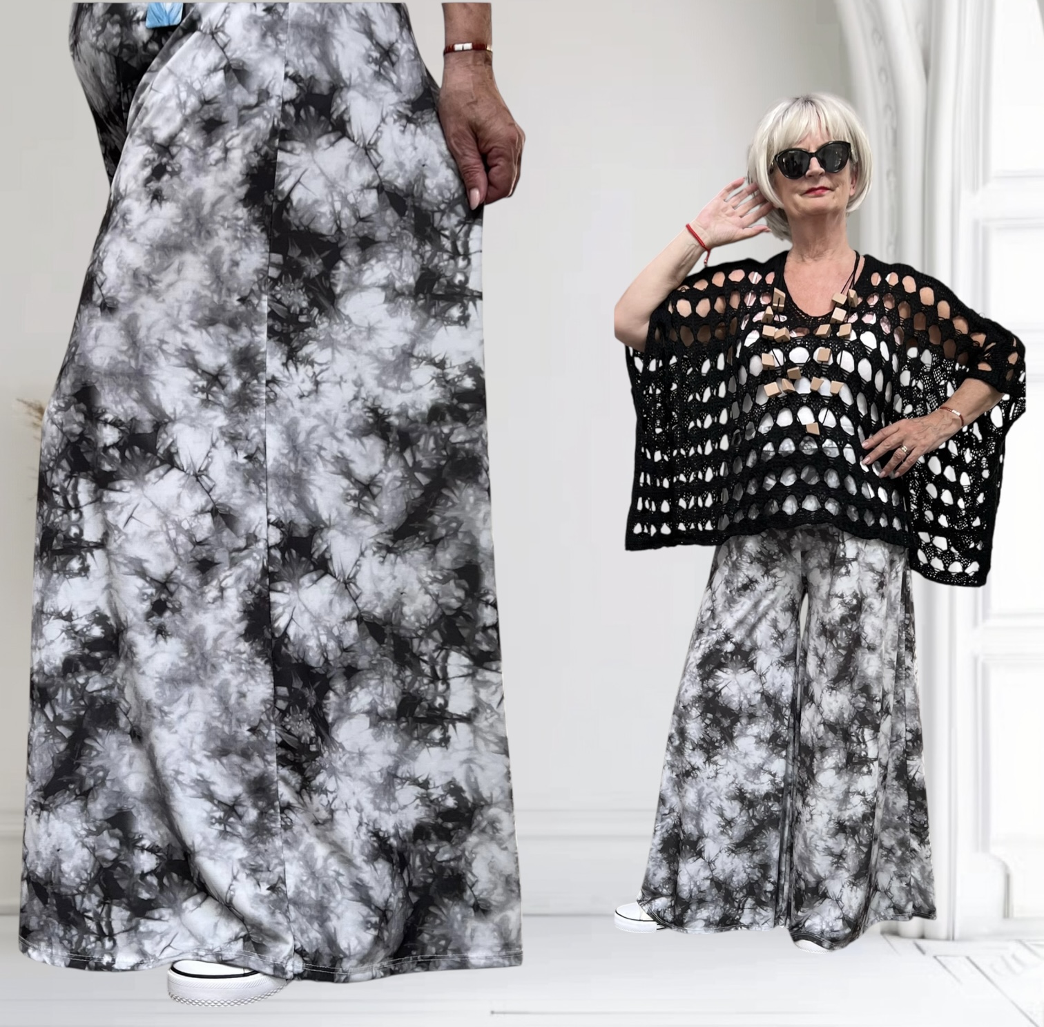 ITALY Mode jersey viscose  wijde broek apart /zeer rekbaar/zwart/wit/grijs