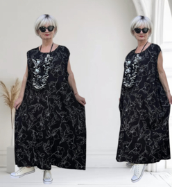 AKH oversized katoen/viscose A-lijn jurk met zakken /apart/zwart/wit