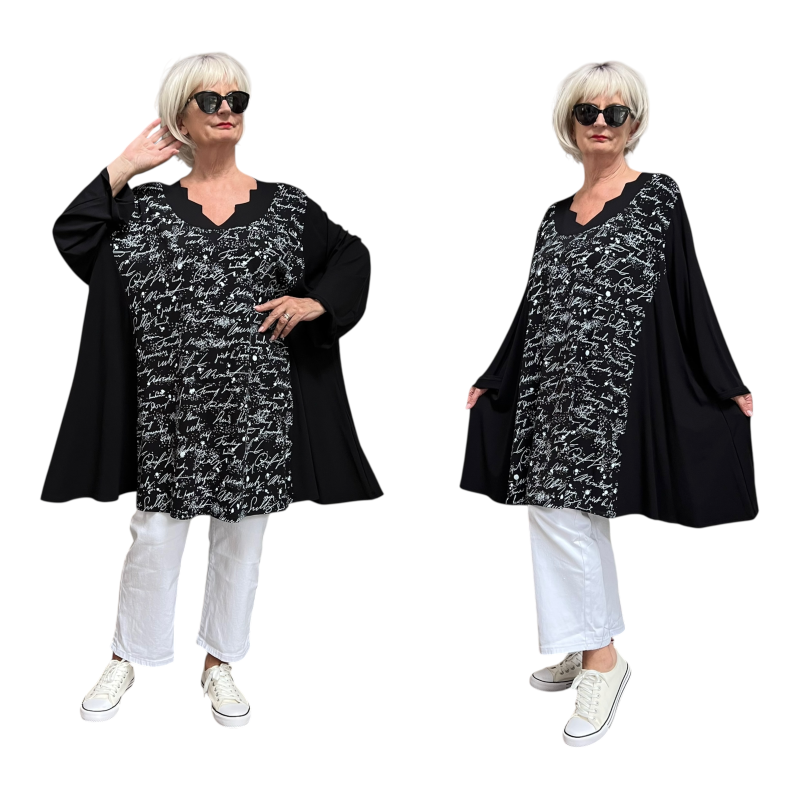 New Jersey oversized viscose A-lijn tuniek met aparte decolleté/extra wijd/ stretch/zwart/wit