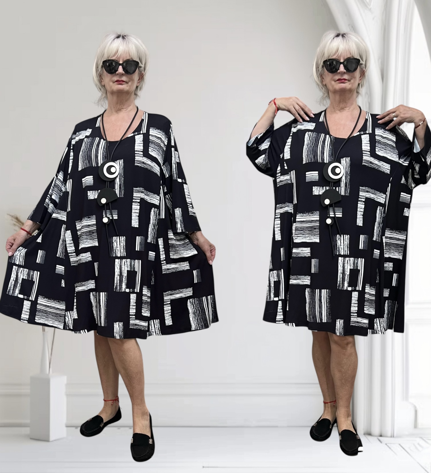 New Jersey oversized viscose A-lijn jurk/tuniek / stretch/zwart/wit